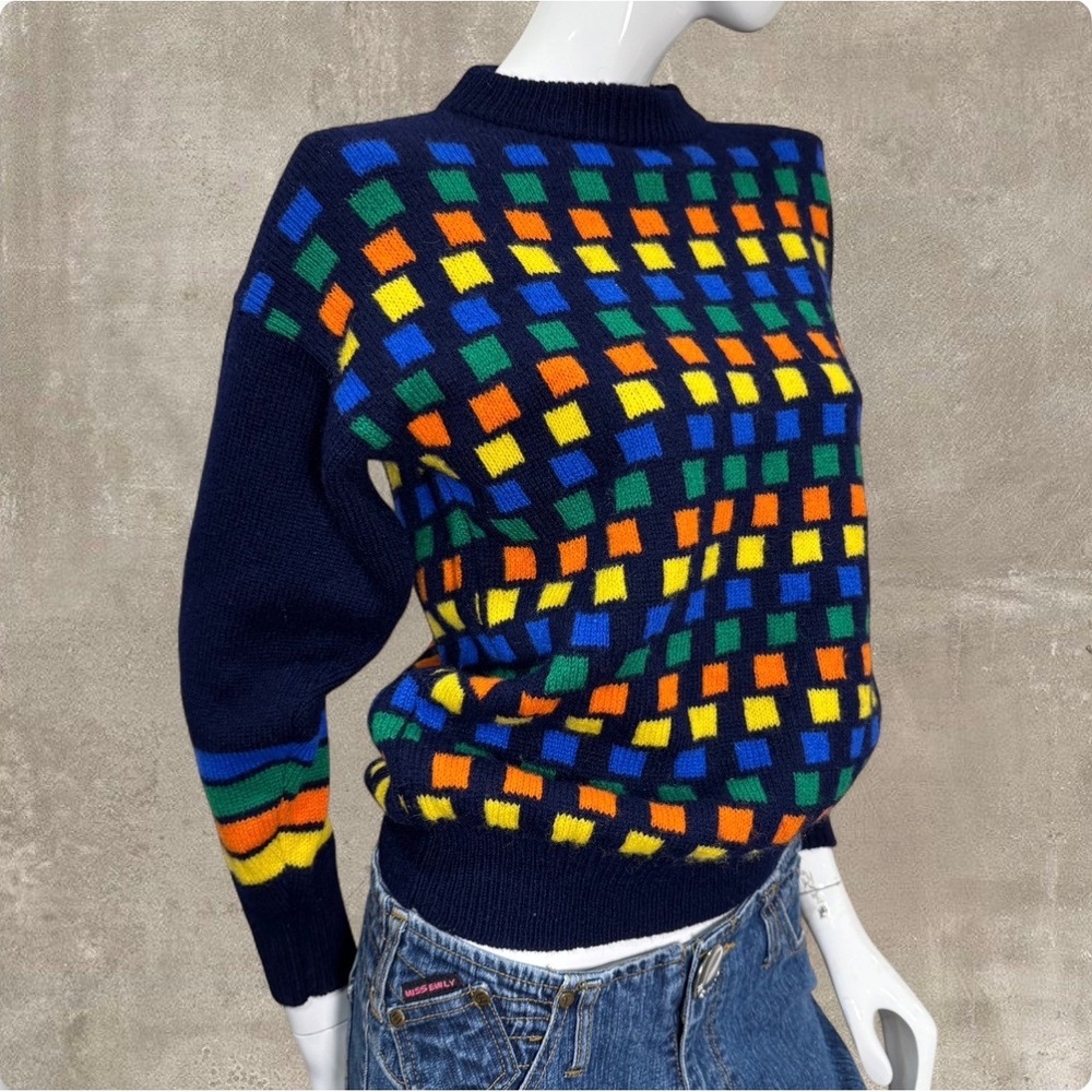 Vintage 80s 100% Wool Knit Sweater Navy Geometric Rainbow Made in Scotland‎ S/M